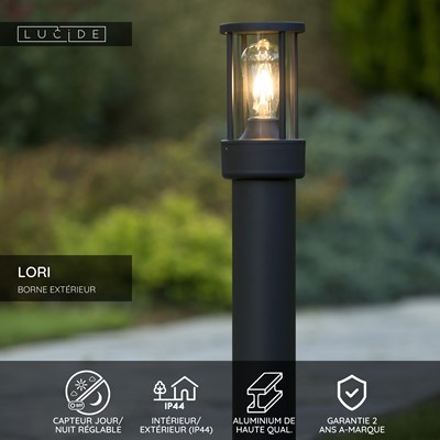 Lucide LORI - Borne extérieur - 1xE27 - IP44 - Détecteur Jour/Nuit - Anthracite